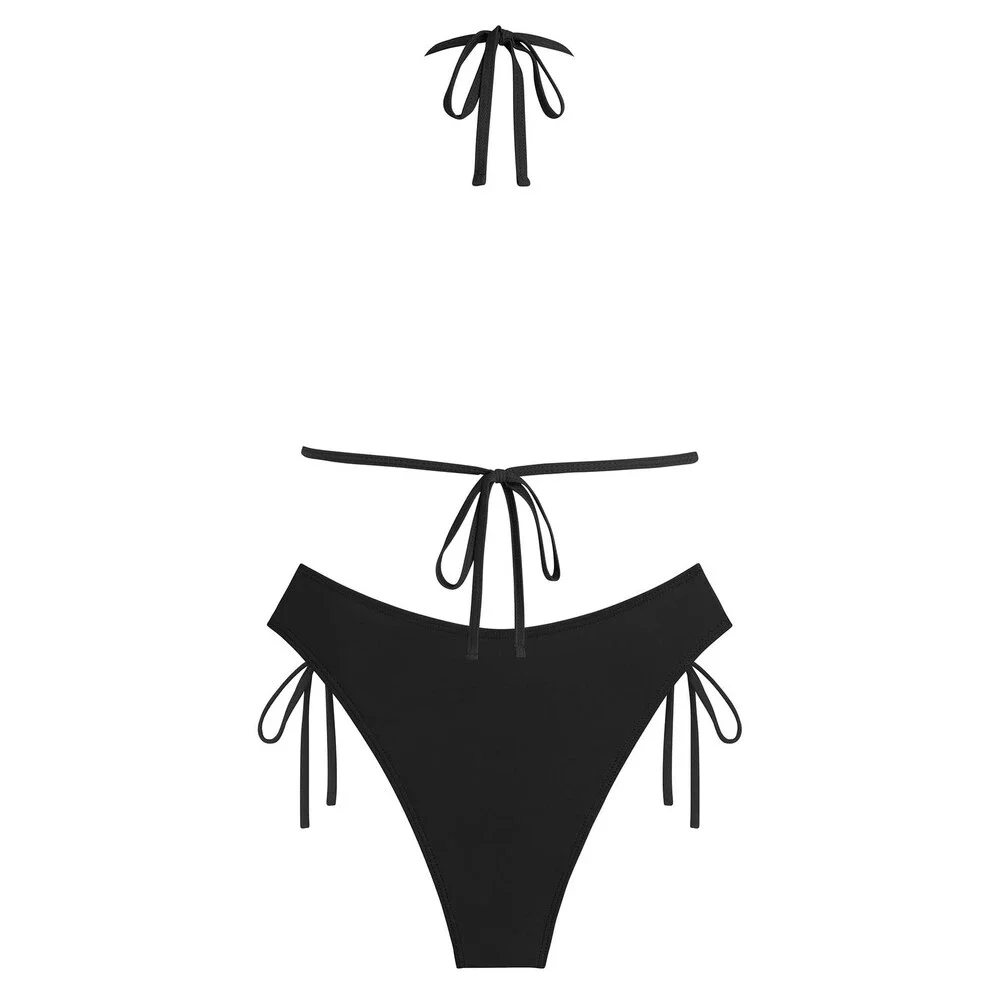 AFUL Women's Black Halter Triangle Bikini Set Crochet Boho Floral Swimsuit S